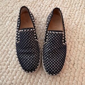Louboutin navy studded slip on shoes